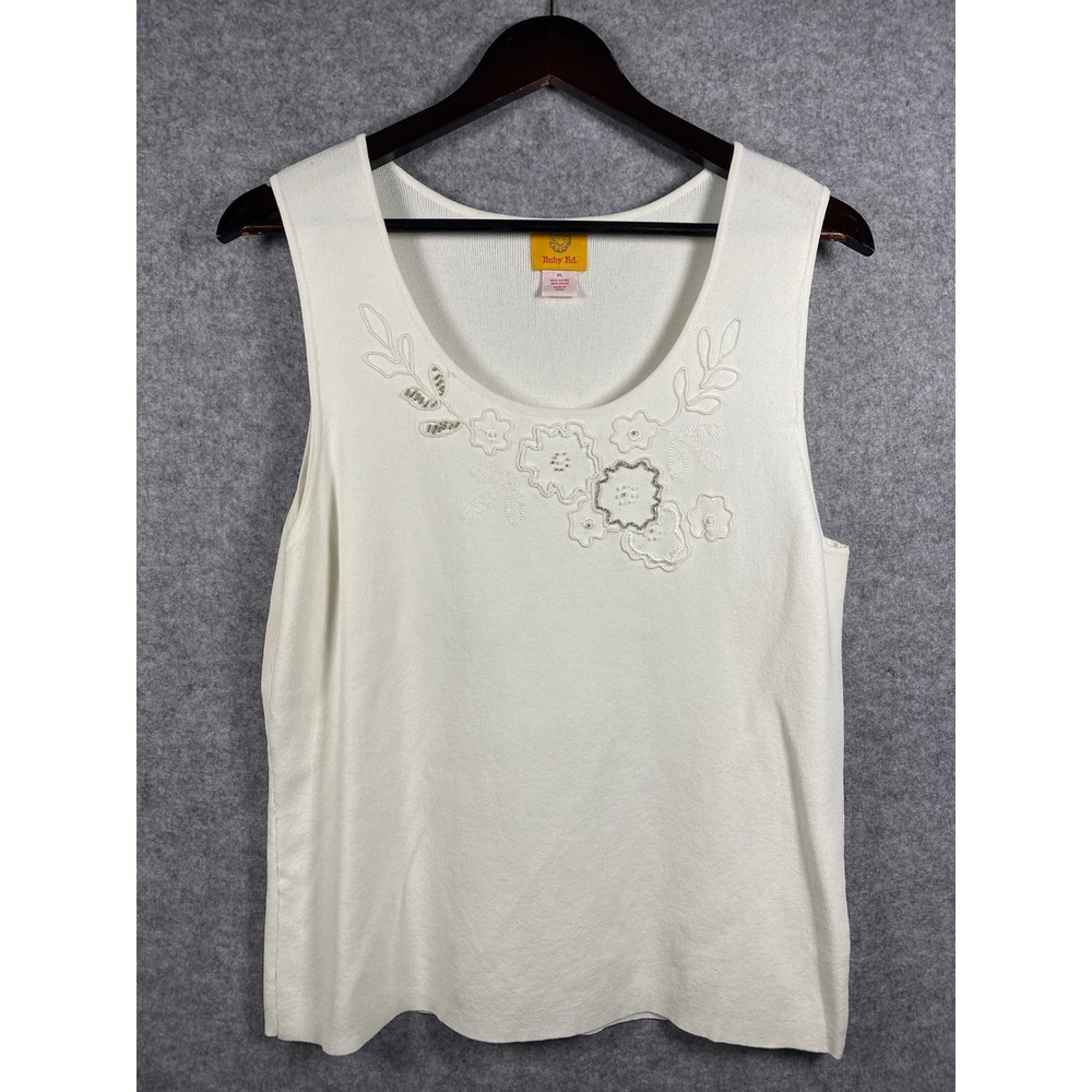 Ruby Rd Womens XL Ivory Floral Embroidered Beaded Knit Tank Top Sleeveless Shell